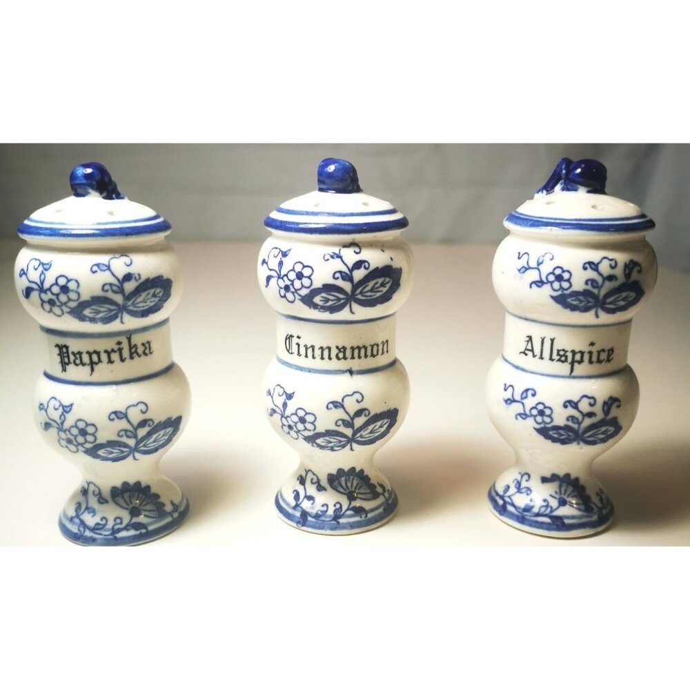 Trio of Spice Jars Blue & White Delft/Blue Onion Style French Country Vintage - Picture 2 of 7